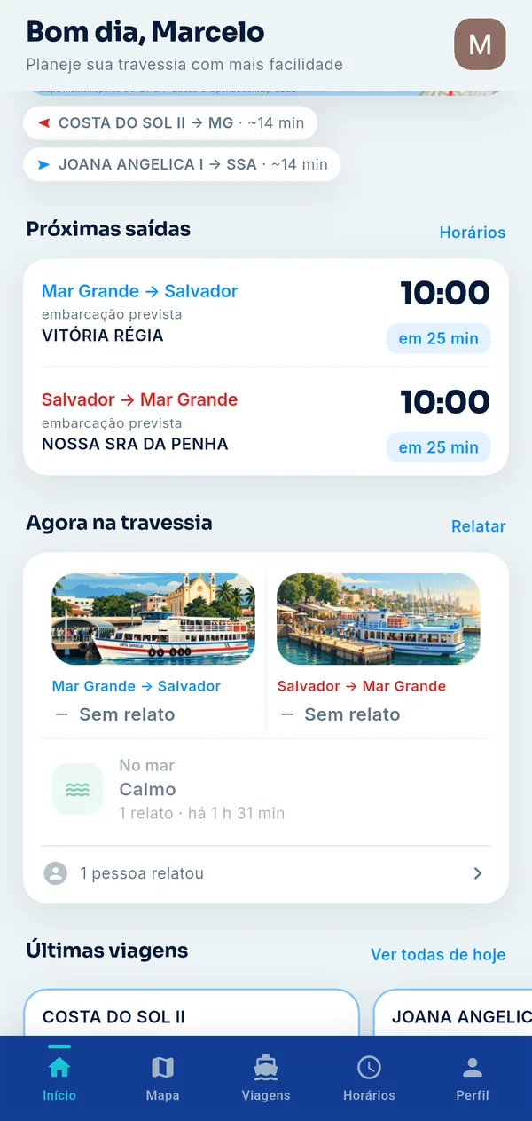 Card Agora na travessia com fotos dos dois terminais, relatos da comunidade sobre o mar e as últimas viagens.