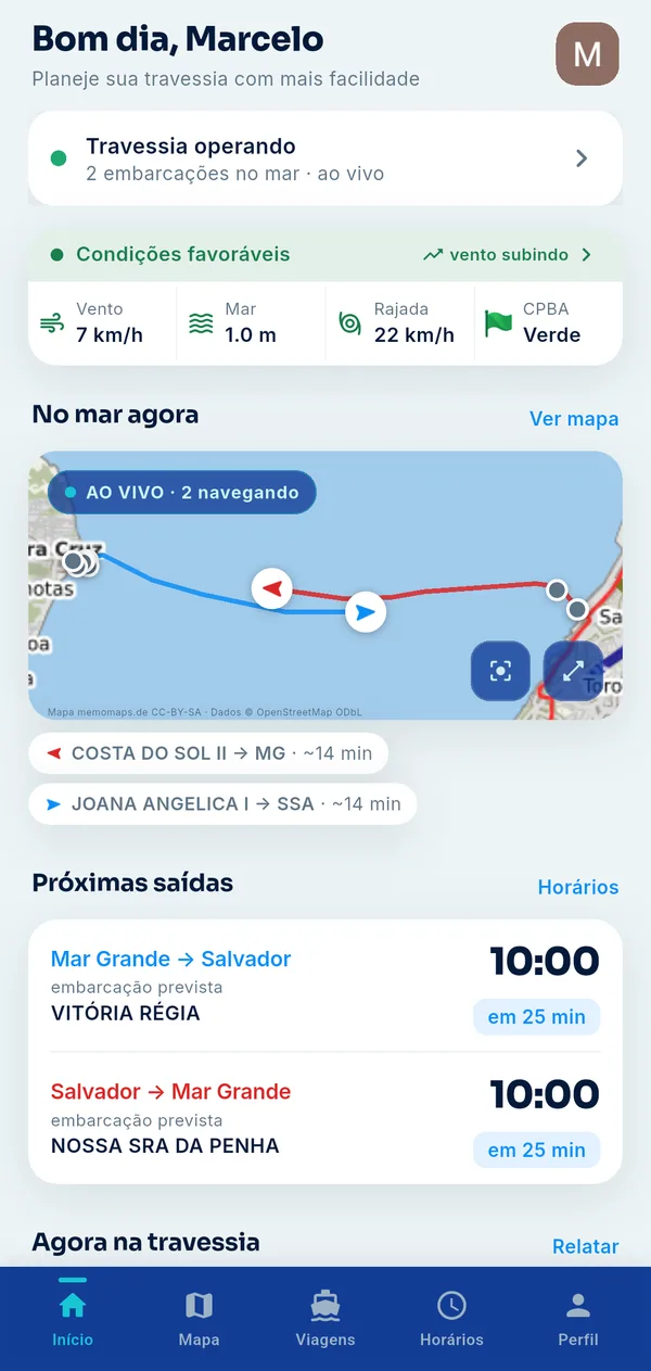 Tela inicial do app: travessia operando, condições do mar, prévia do mapa ao vivo e próximas saídas.