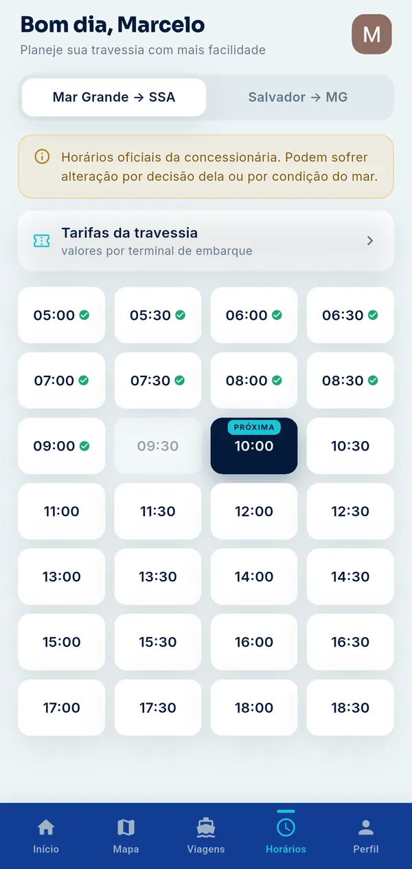 Tela de horários com a grade oficial Mar Grande → Salvador e a próxima saída destacada.