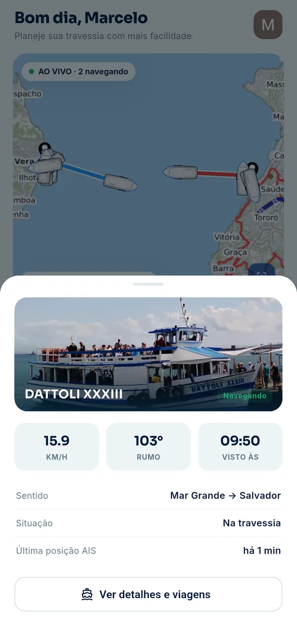 Ficha da lancha DATTOLI XXXIII sobre o mapa: foto, velocidade, rumo, sentido e situação da viagem.