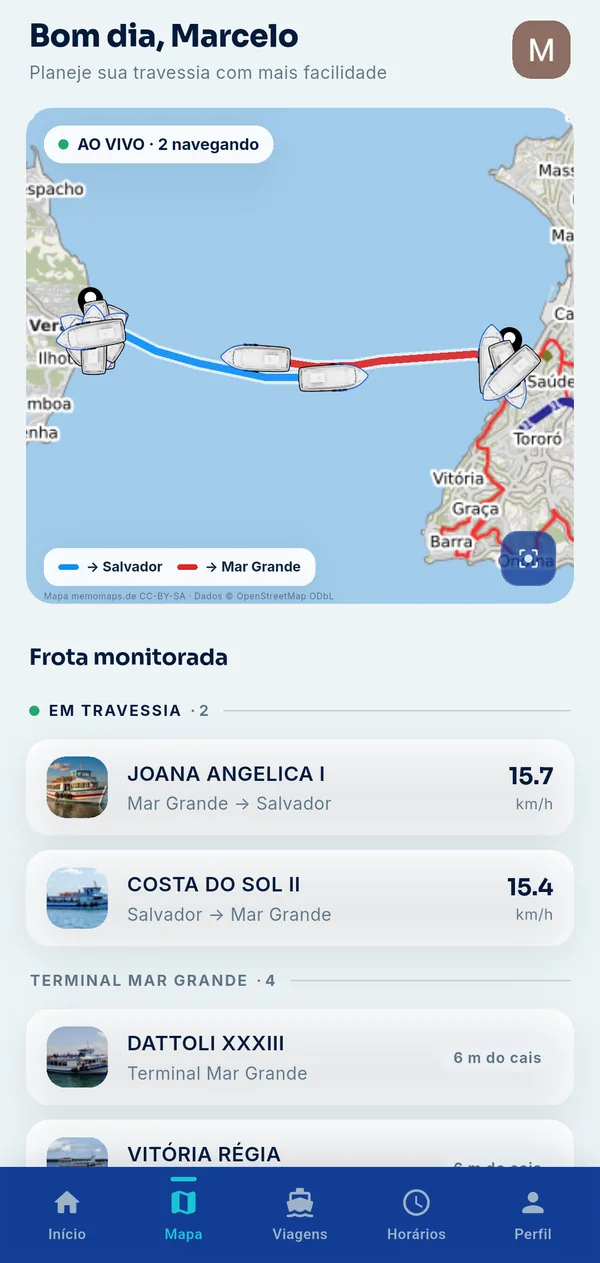 Tela do mapa com as lanchas navegando entre Vera Cruz e Salvador e a lista da frota monitorada.